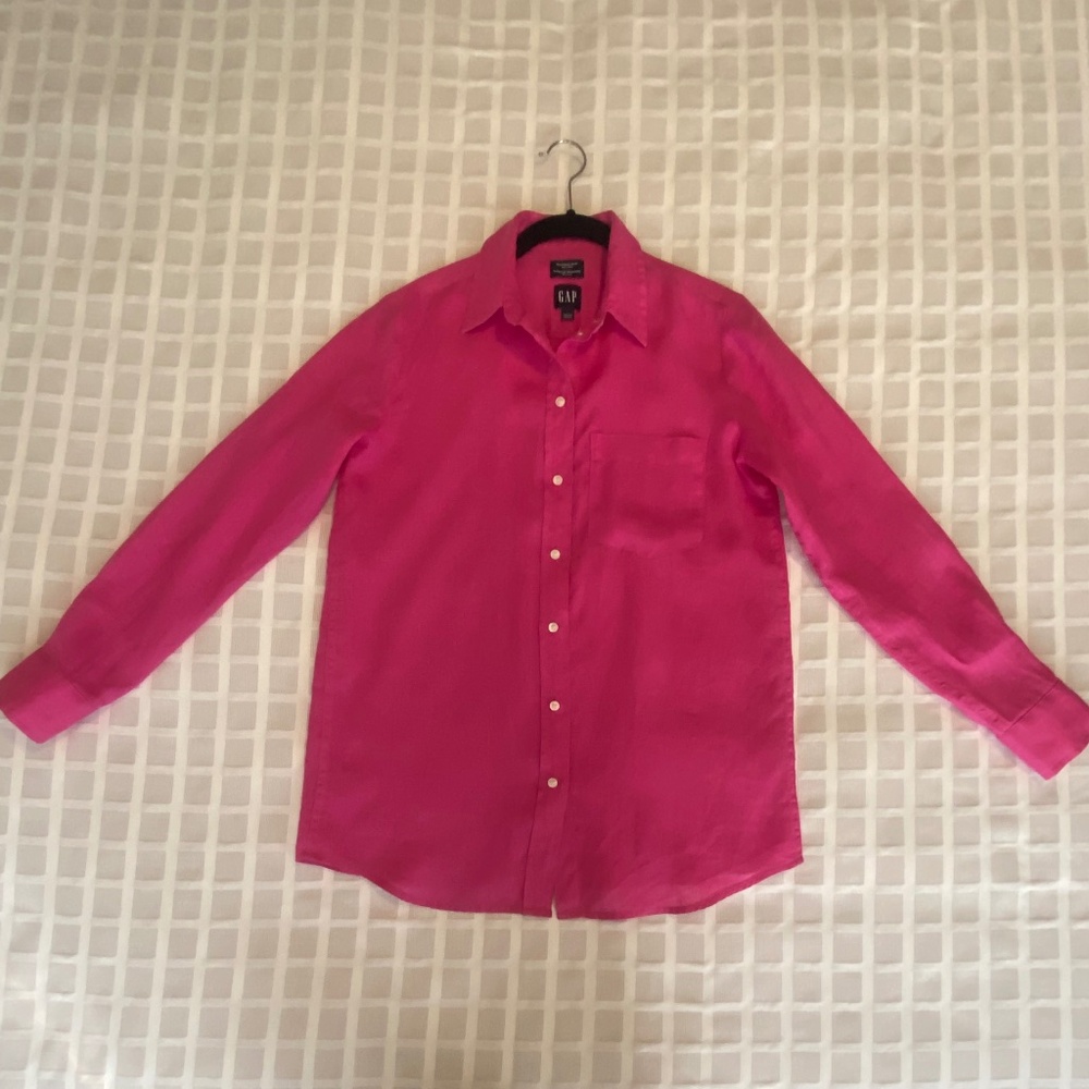 100% Linen Oversized Button Down Shirt Bright Pink Excellent Condition